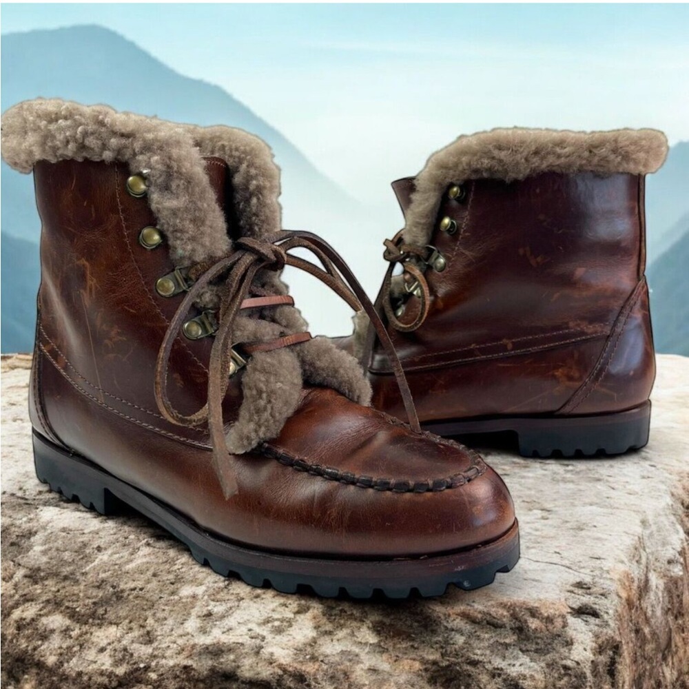Cole Haan Leather Ankle Boots 7.5-8 Shearling Fur Lined Lace Up Preppy Y2K F6422